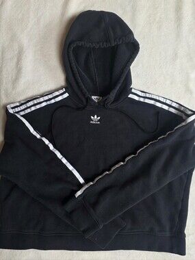 adidas Black Cropped Hooded Sweatshirt with Trefoil Logo- Size Medium
